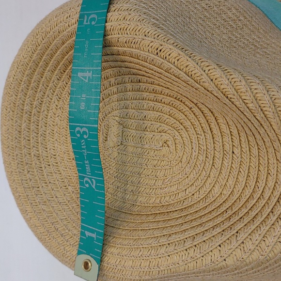 Charming Charlie Women's Tan Paper Straw Woven Fedora With Turquoise Bow Band - Picture 13 of 13